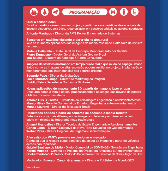 Qual o sensor ideal?  Sensores em sat�lites vigiando o dia-a-dia na �rea rural  Imagens de sat�lites mostrando em tempo quase real o que muda no espa�o urbano  Novas aplica��es do mapeamento 3D a partir de imagens laser e radar  Resultados obtidos a partir de c�meras de pequeno e m�dio formato  A invas�o dos VANTs promete revolucionar o mercado